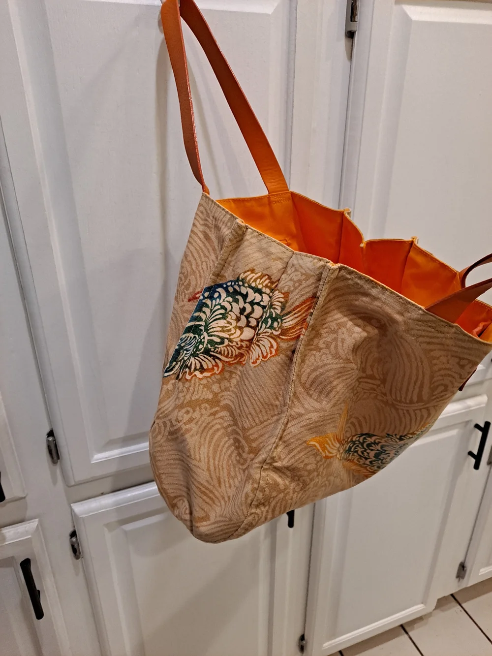Jim Thompson Vintage 'Meena' Beige Orange Canvas Tote Iconic Barramundi Fish